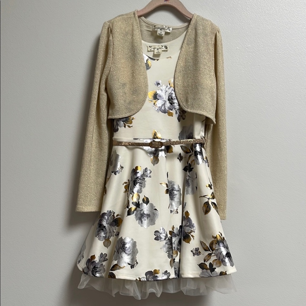 Elegant Floral Kids Dress with Gold Cardigan